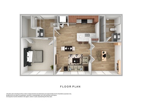 Floor plan for 1 bed, 2 baths, 848 sqft